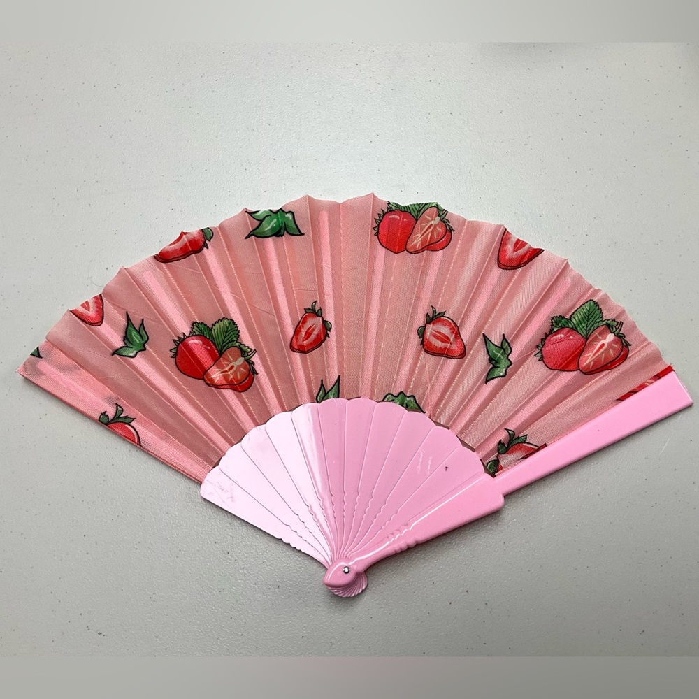 Pink Strawberry Patterned Hand Fan